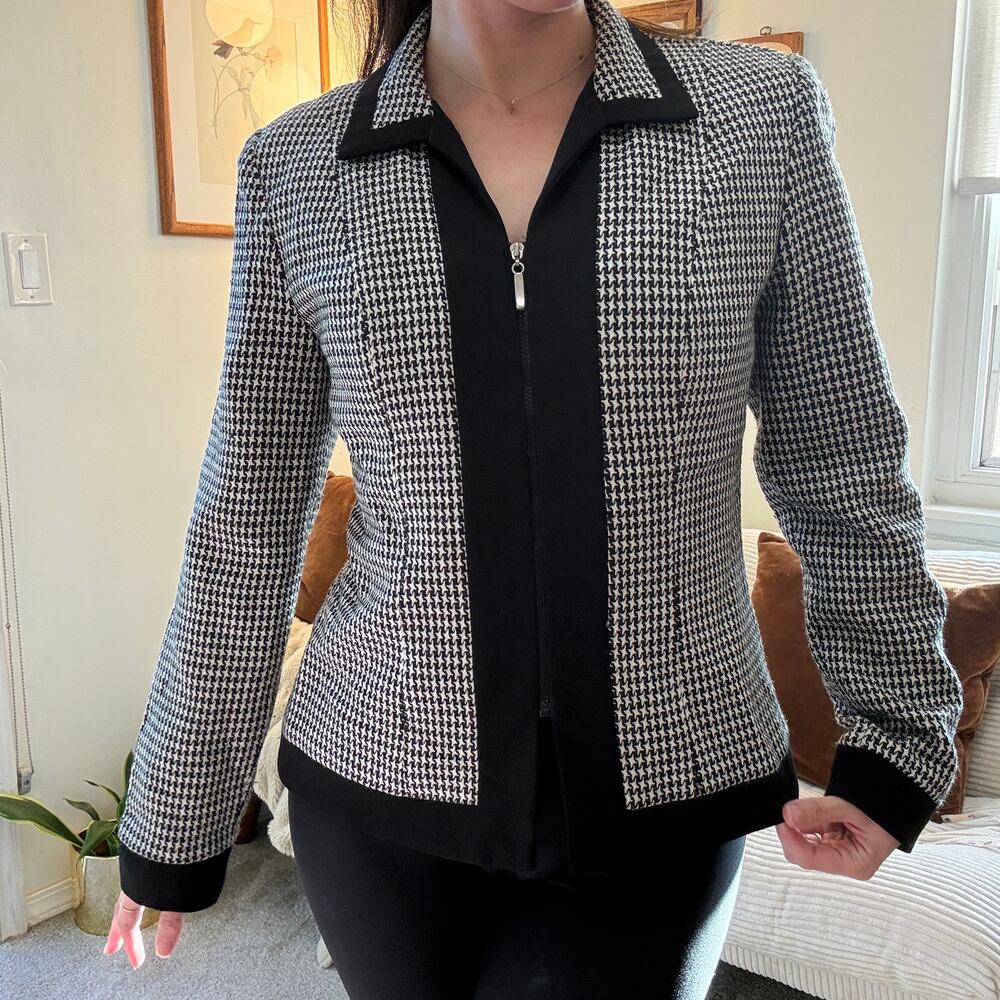 Vintage Houndstooth Danny & Nicole Zip Blazer Black White Business Jacket Size 6